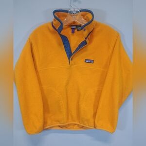 Patagonia Kids 12 Yellow Snap-T Fleece Pullover Blue Trim Vintage Style
